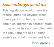 teen endangerment act.  this legislation would make it a federal crime for anyone other than a parent to cross state lines in order to help a minor obtain an abortion if that minor has not complied with her own state's parental involvement laws.